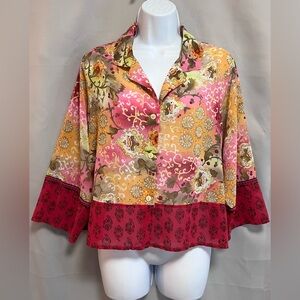 Victoria Secret Semi Sheer Chiffon Blouse Top Floral Ikat Romantic BOHO Sz Large